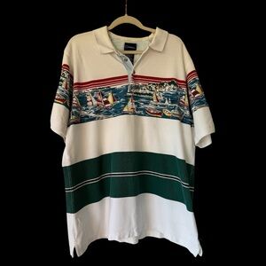 Vtg 90s Catalina Sailboat Multi Striped Polo Shirt Sz L Golf Nautical AOP
